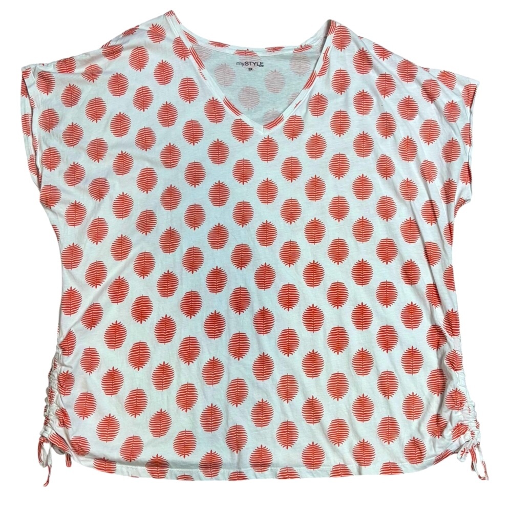 My Style 100% White Cotton With Orange Floral Leaf Pattern Cinch Sides Top 3X